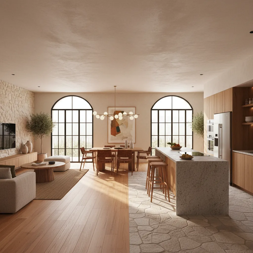 Modern open plan kitchen and dining area with island stools wood floor and arched windows