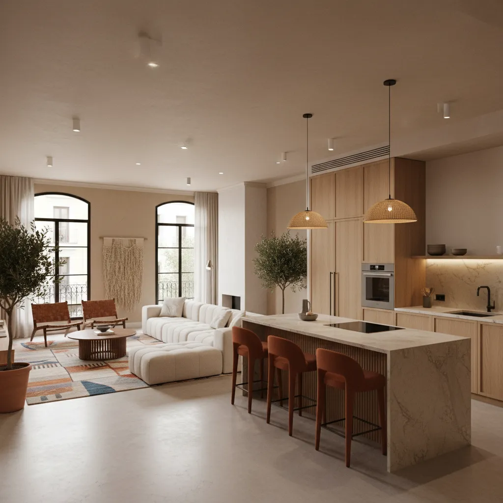 Apartamento moderno en Madrid con cocina abierta y salón integrado