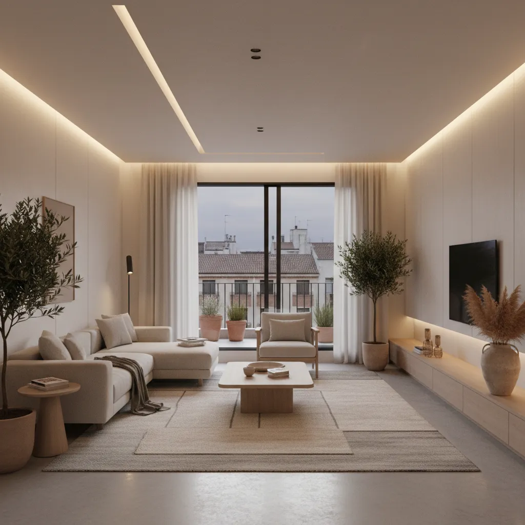 Modern living room with beige sofa, wood coffee table, grey rug, plants, and natural light