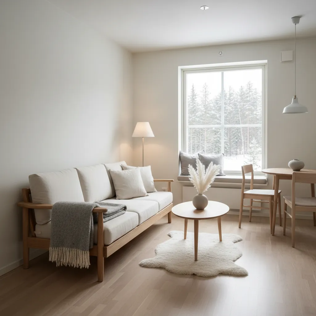 Pequeño apartamento escandinavo bien distribuido con estilo minimalista