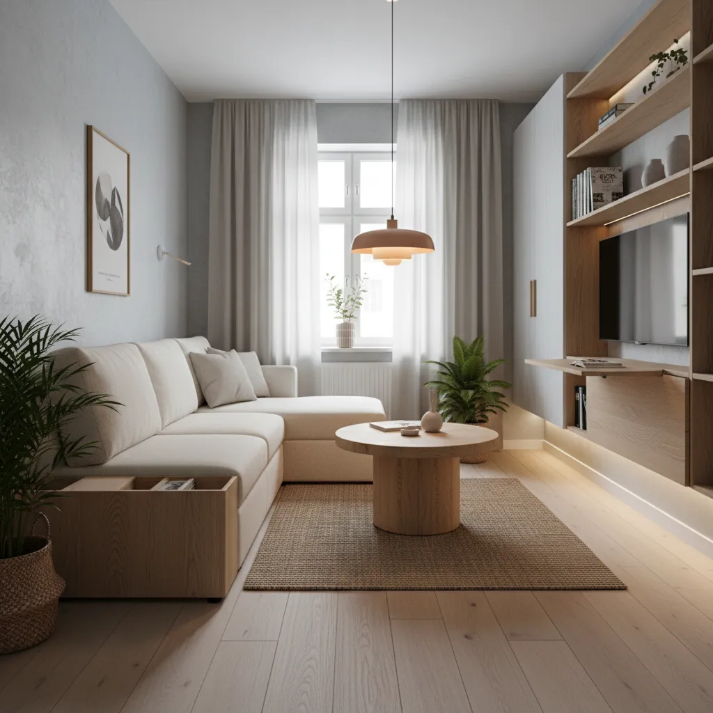 Modern small living room with beige sofa round wooden coffee table and wall mounted television