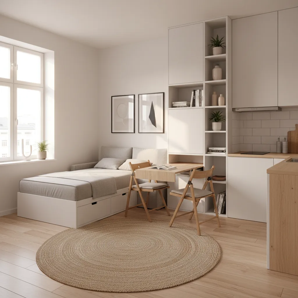 Apartamento pequeño optimizado con muebles compactos y luz natural
