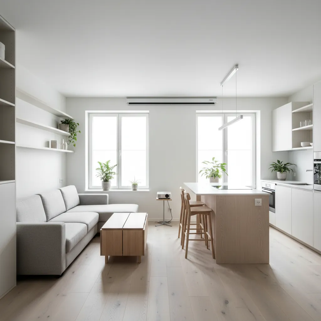 Minimalist small apartment with white kitchen island wooden stools gray sofa and bright natural light