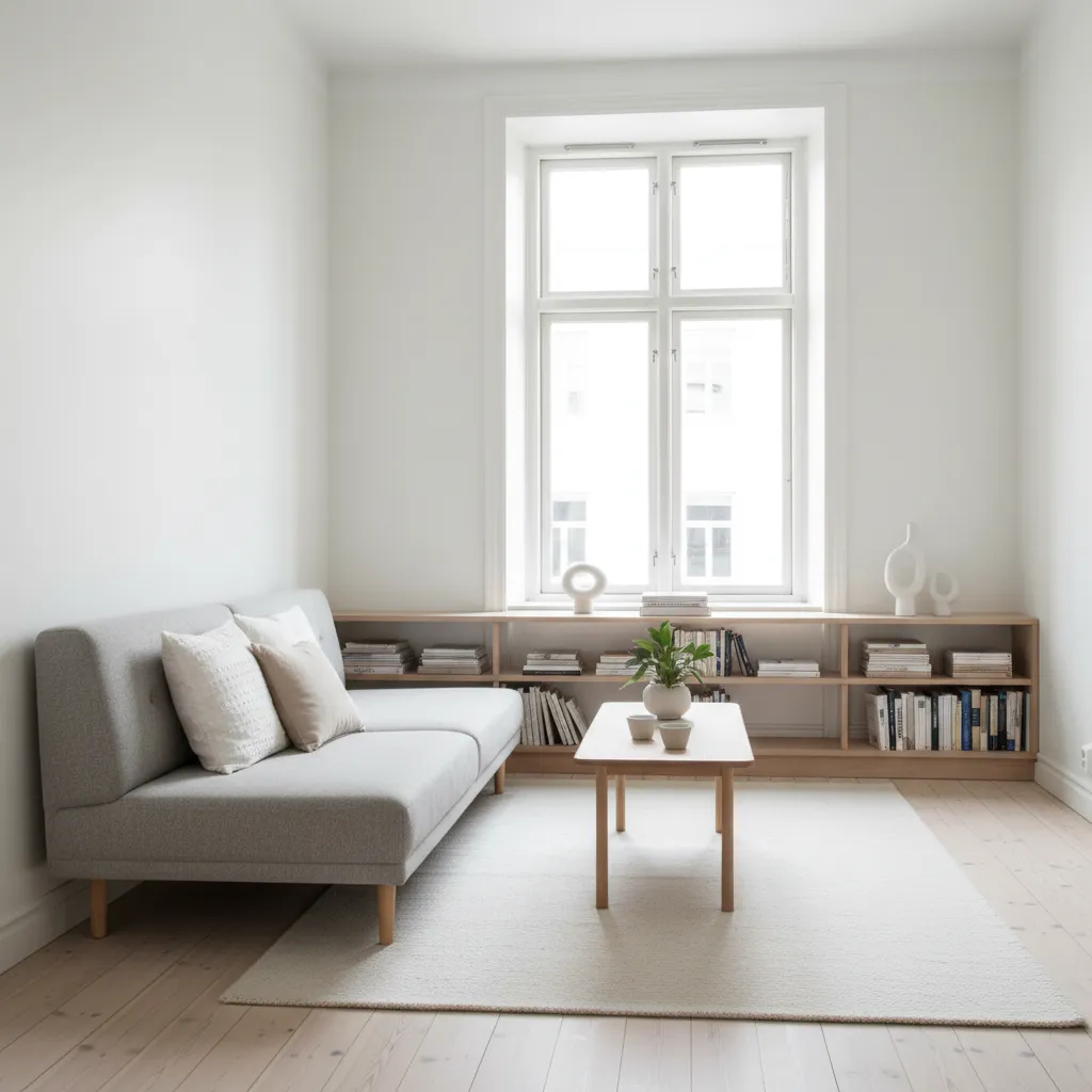 Modern bright living room with grey sofa coffee table white rug and low wooden bookshelf