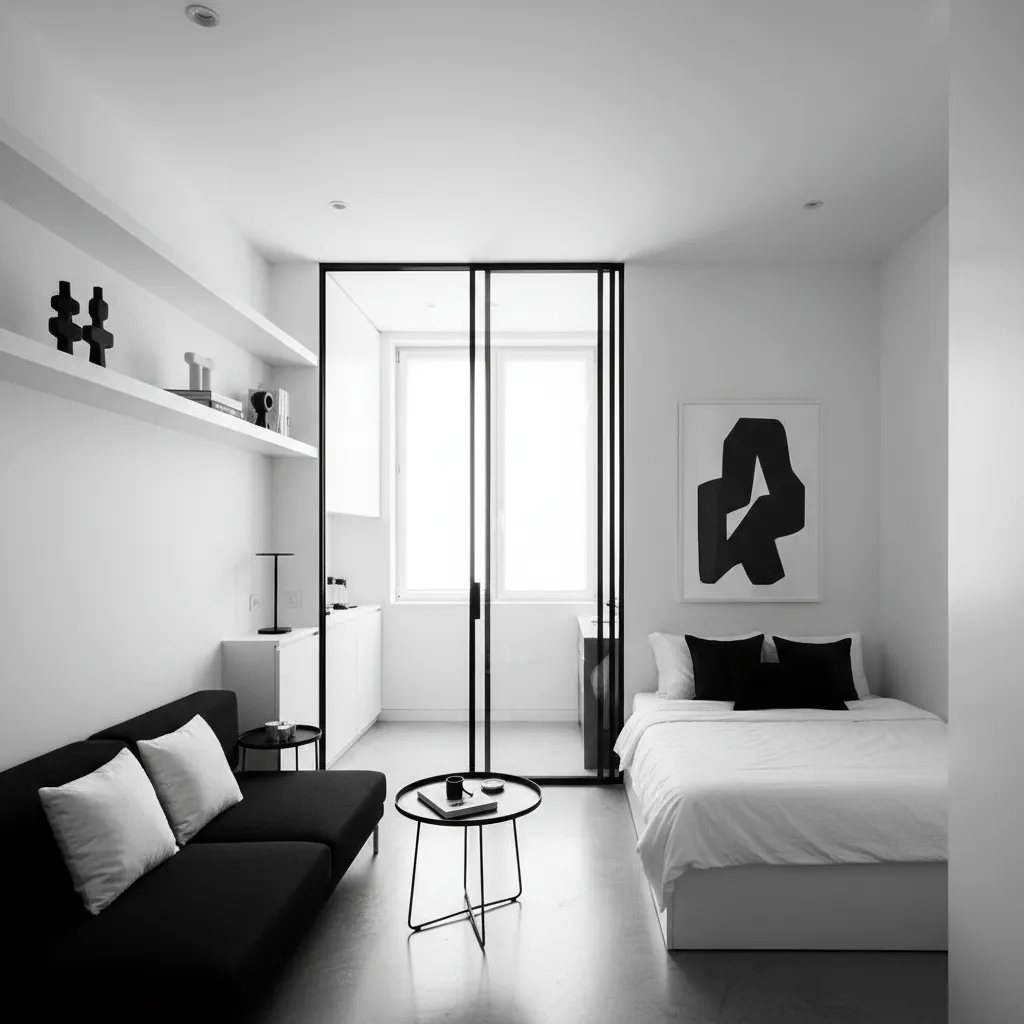 Small black and white apartment with black sofa white bed and glass partition sliding doors