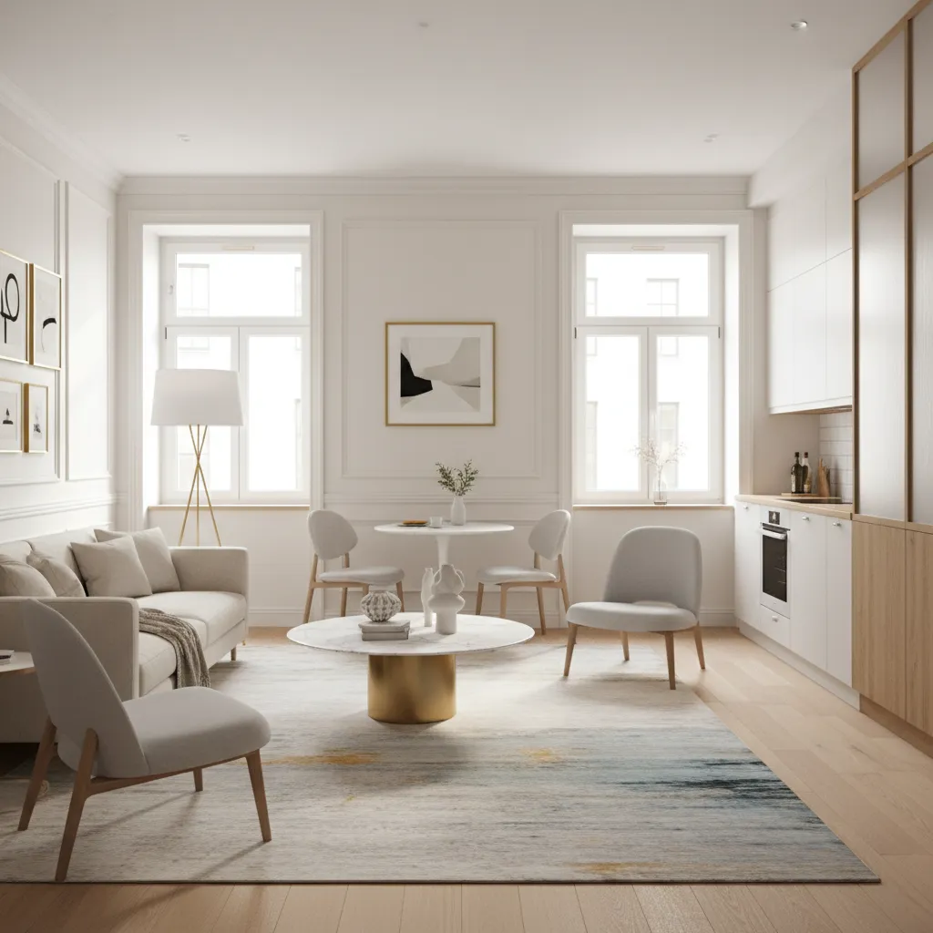 Pequeño apartamento con estilo clásico moderno luminoso