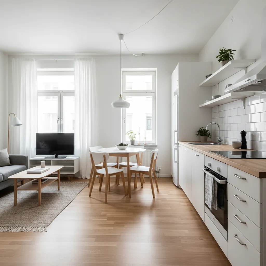 Bright small open apartment with white kitchen wood countertop round dining table and grey sofa