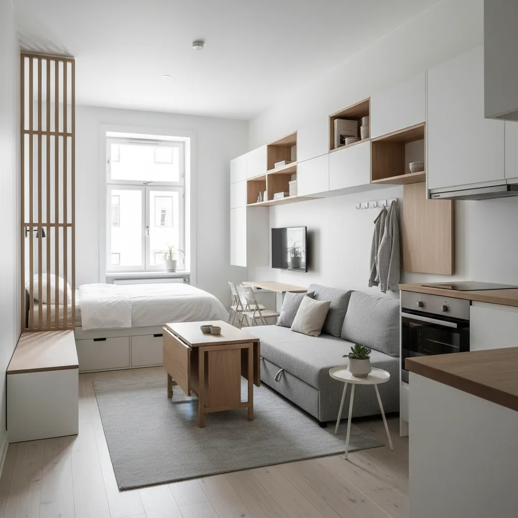 Apartamento pequeño con decoración clara y muebles multifuncionales