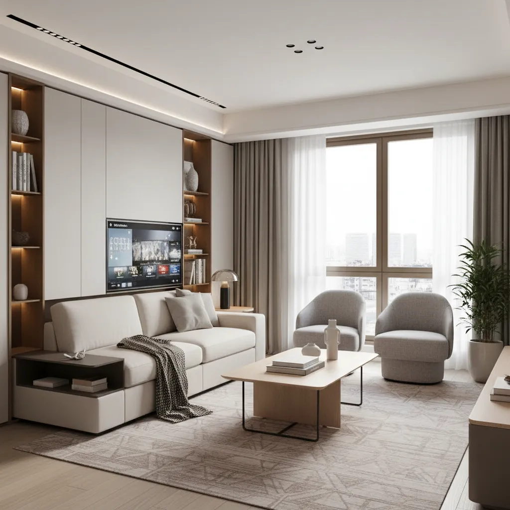 Bright living room with white sofa, grey armchairs, wooden coffee table, and wall cabinet storage