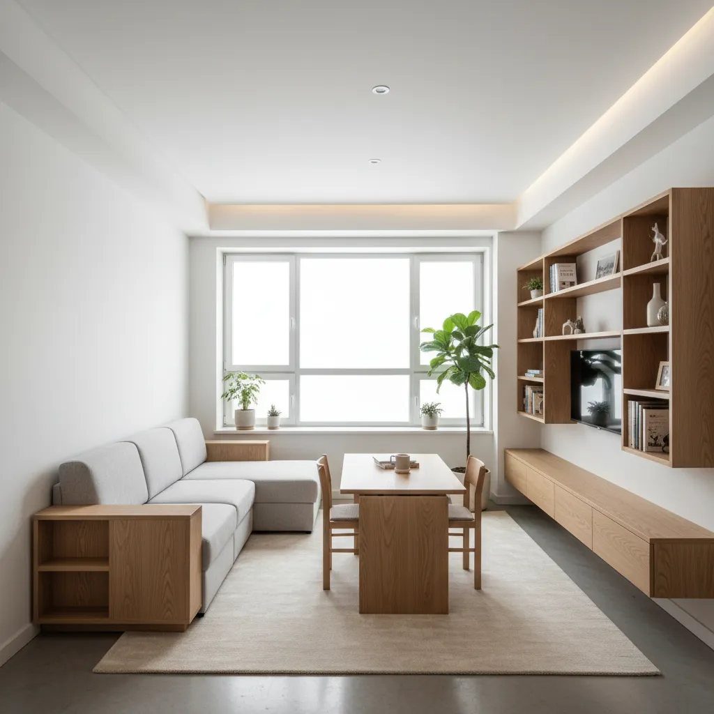 Small functional living room with gray sofa wooden dining table matching wall cabinet and window