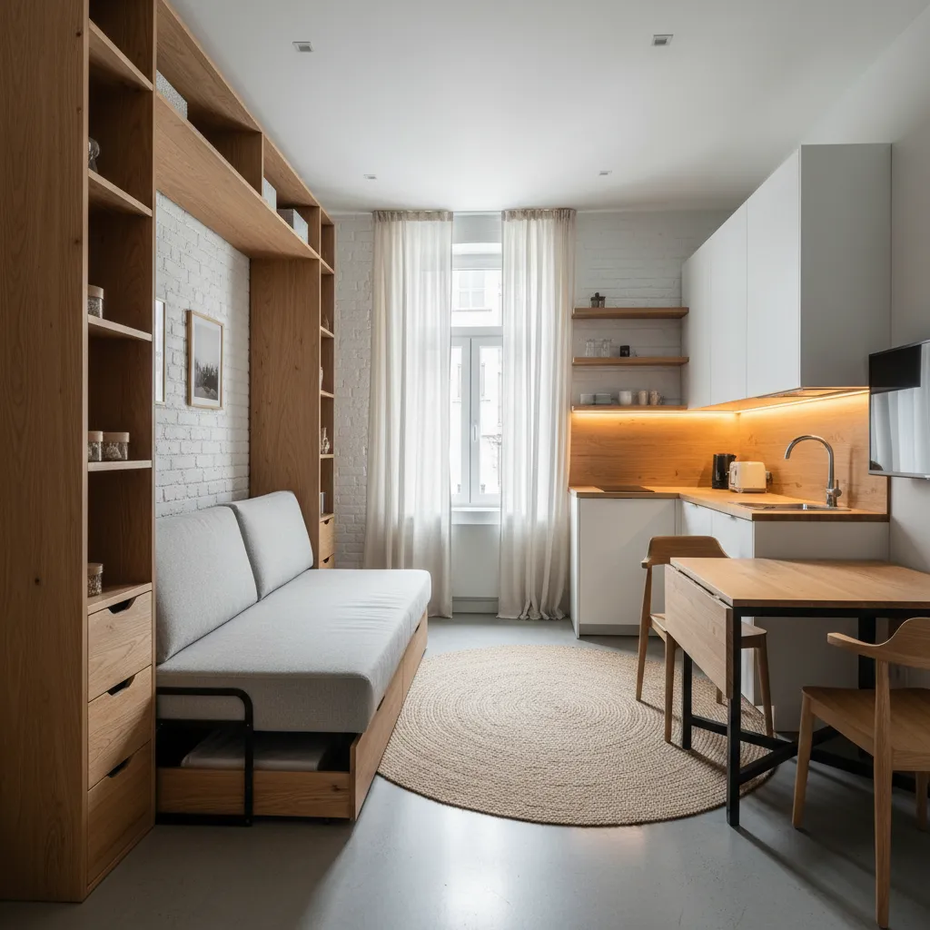 Apartamento pequeño optimizado con muebles multifuncionales