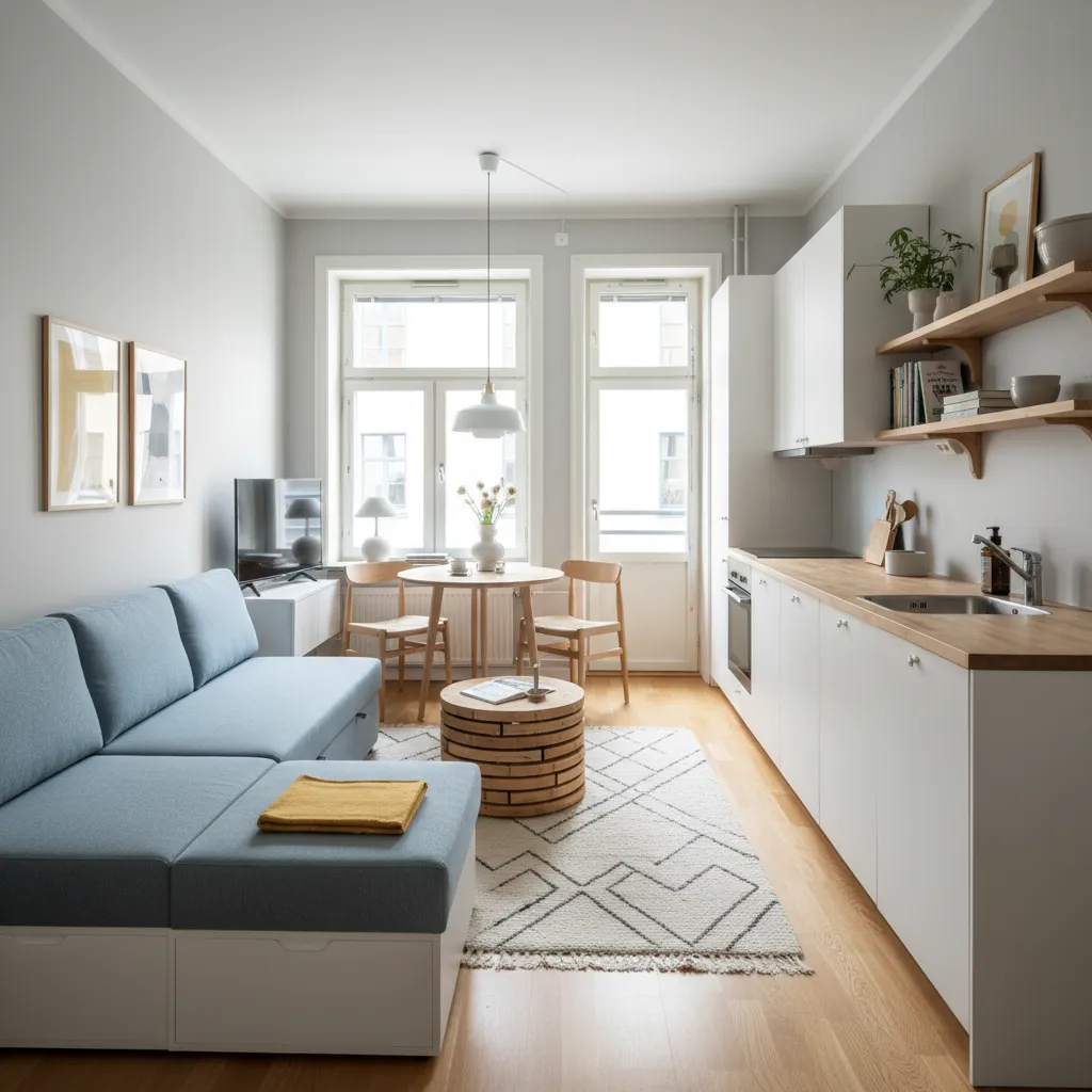 Apartamento pequeño con distribución abierta y muebles funcionales