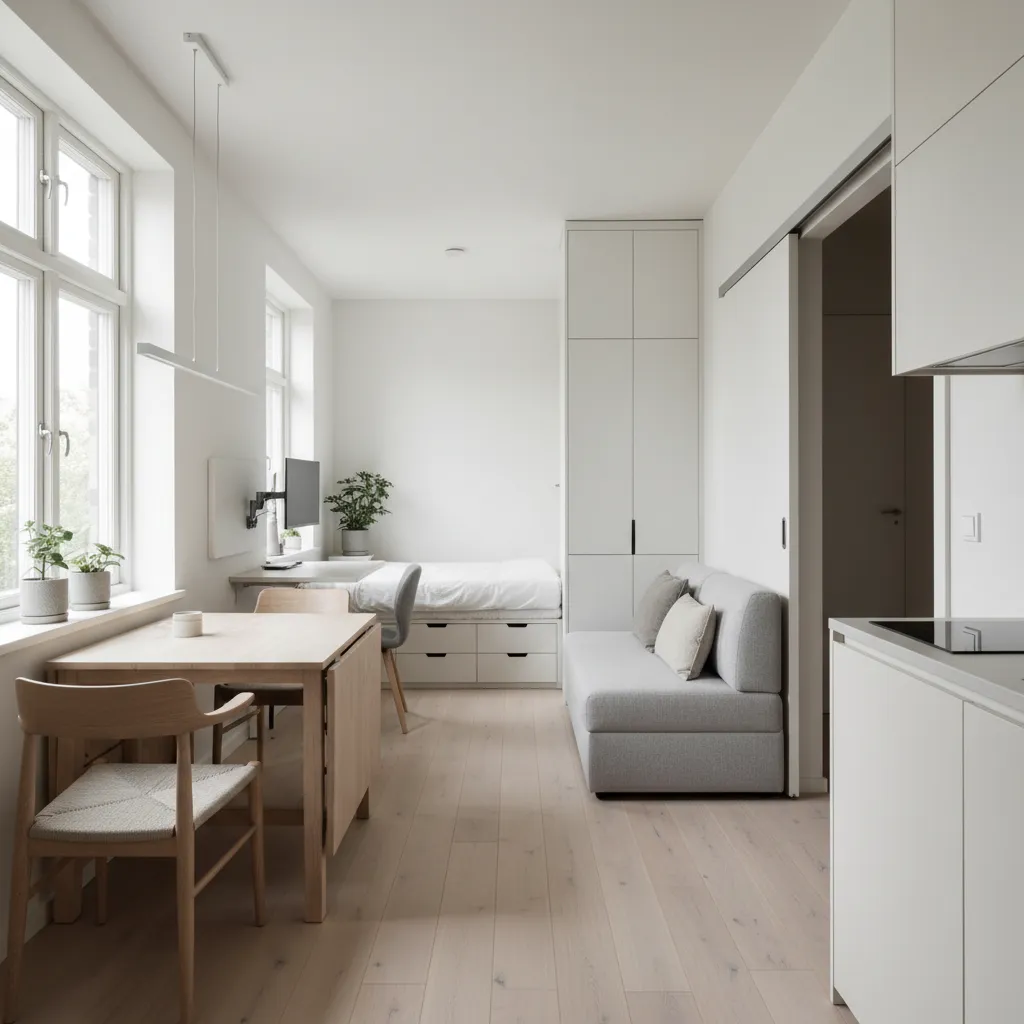 Pequeño apartamento optimizado con diseño funcional y minimalista