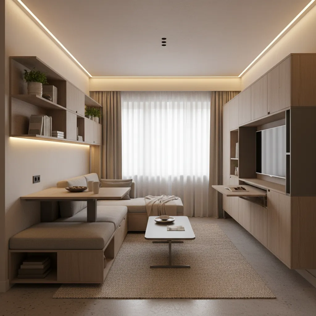 Small living room with grey sofa wooden storage cabinets folding table television and neutral rug