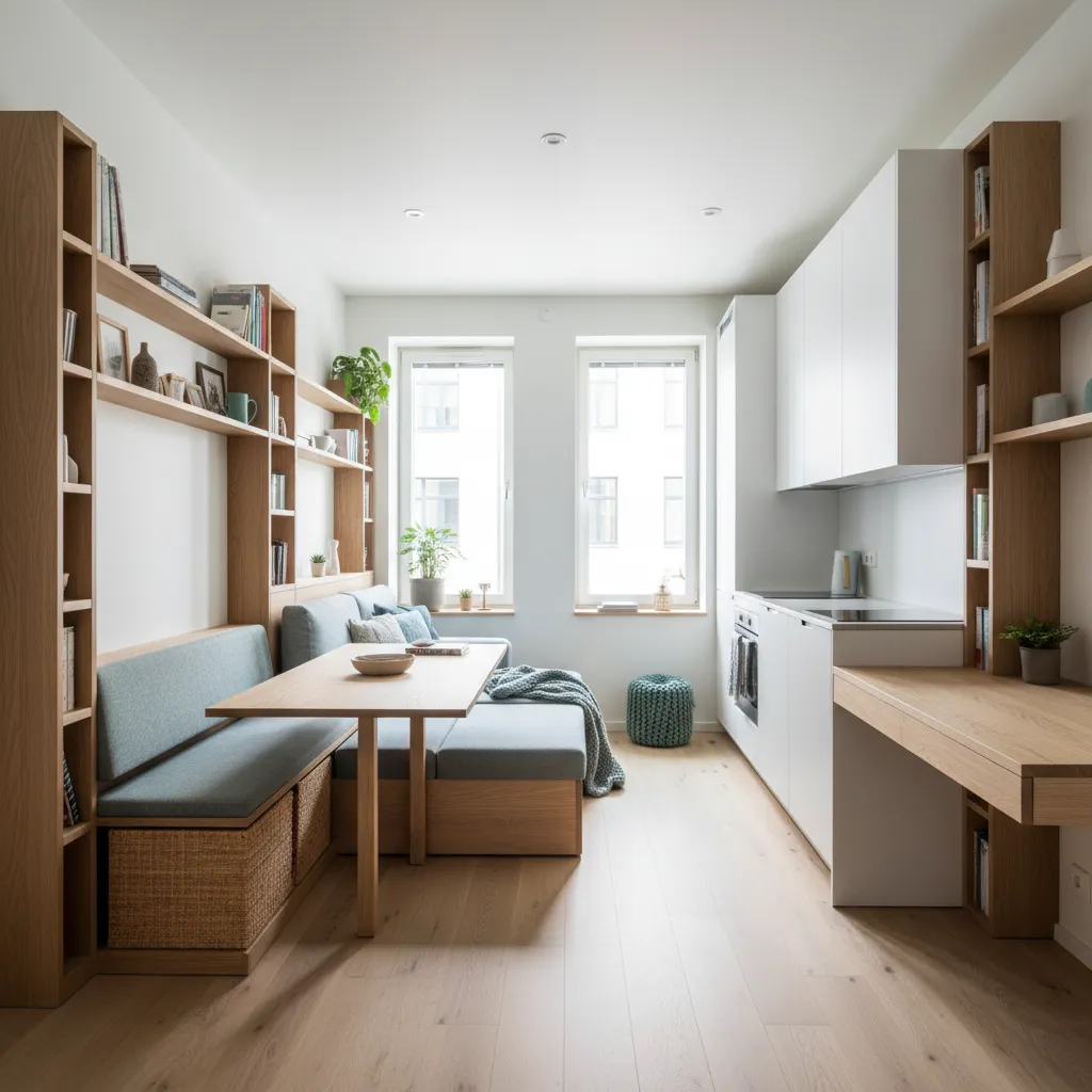 Apartamento pequeño moderno con distribución eficiente y muebles integrados