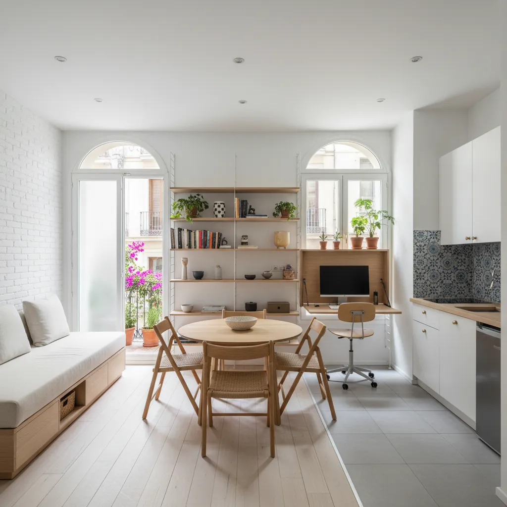 Apartamento pequeño con distribución optimizada y muebles multifuncionales