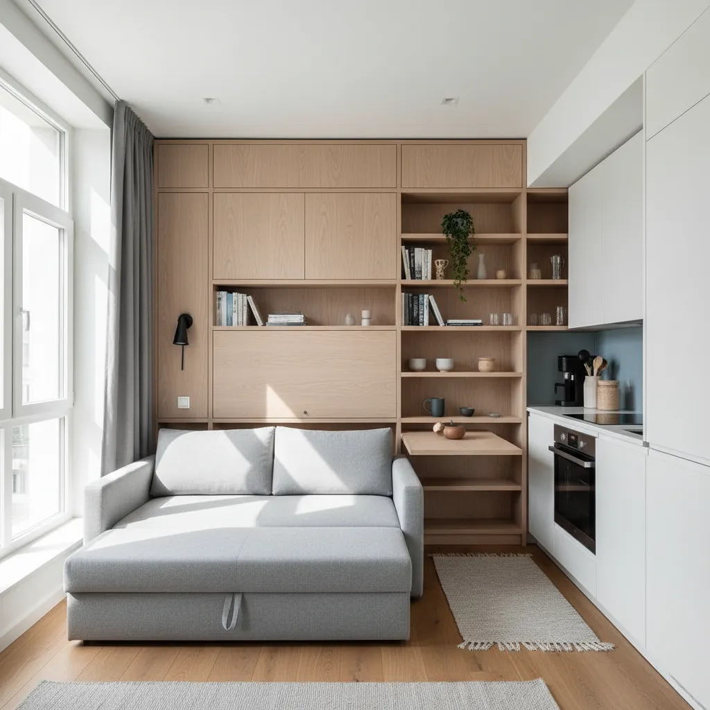 Apartamento pequeño con distribución optimizada y muebles multifuncionales