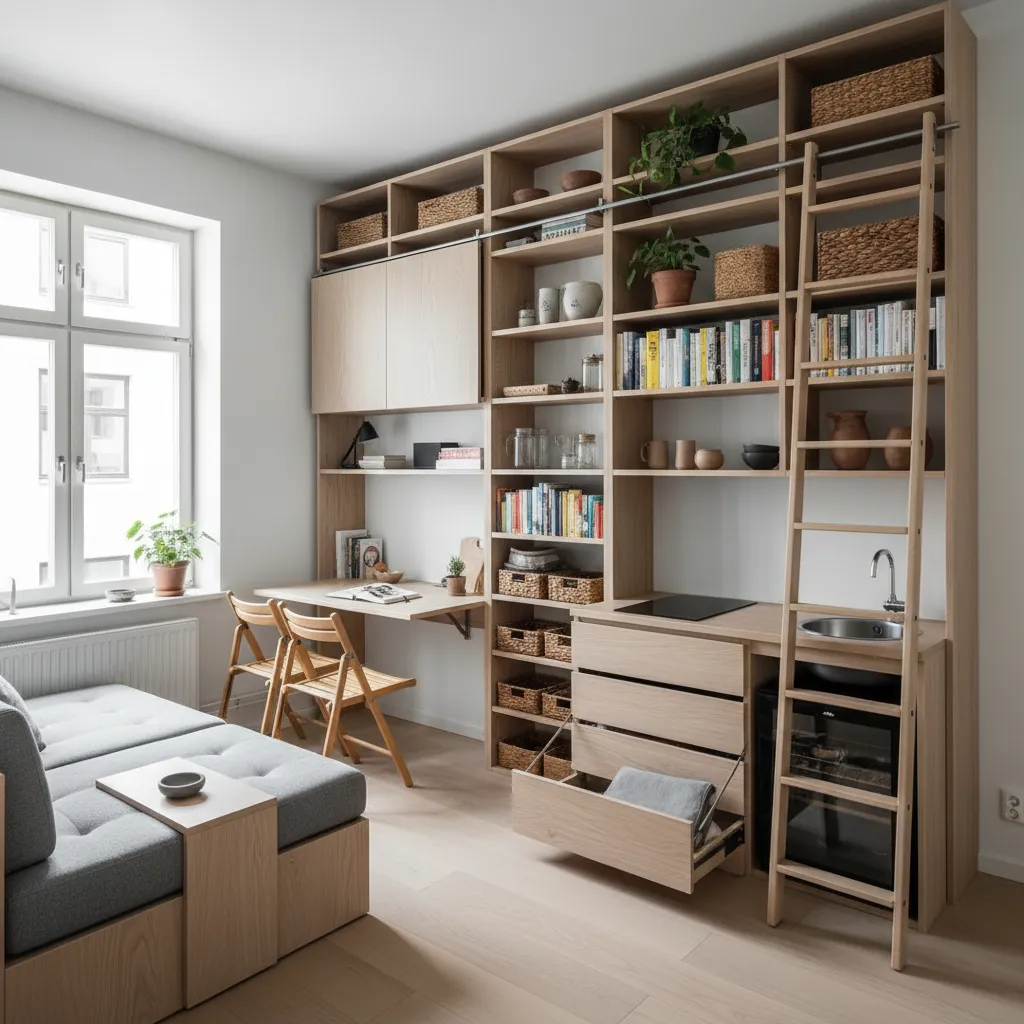 Diseño optimizado de apartamento pequeño con almacenamiento vertical