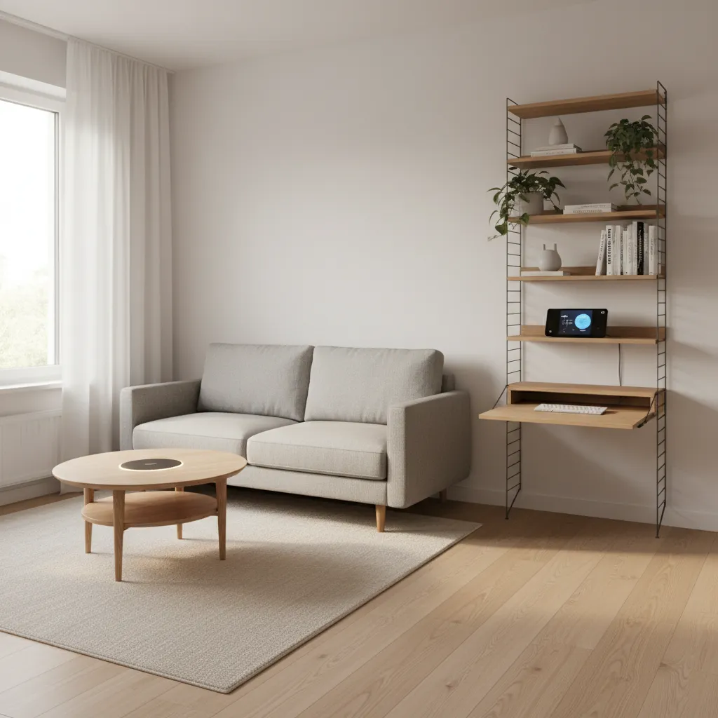 Minimalist living area with grey sofa, round coffee table, wooden floor, and wall shelving unit