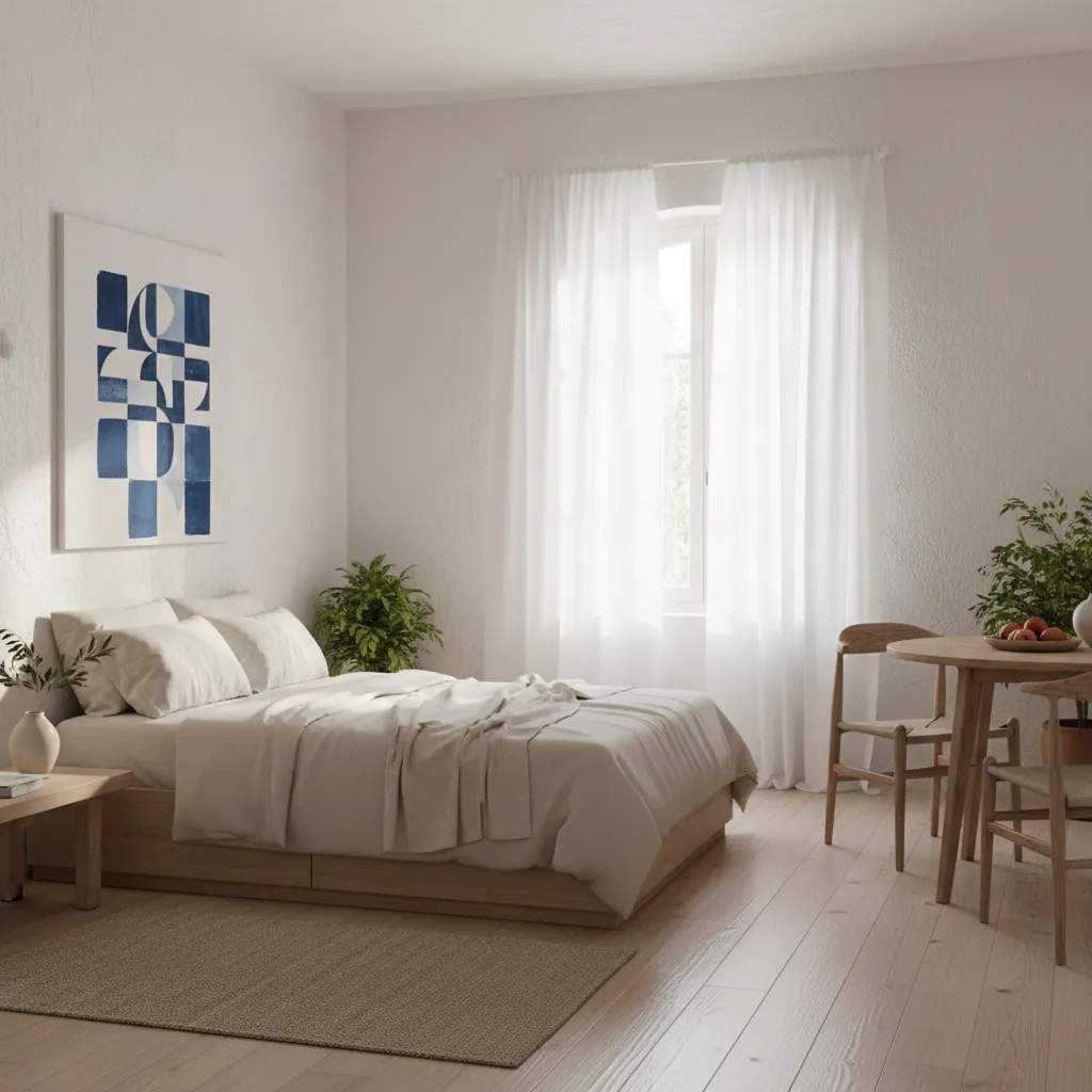 Apartamento pequeño decorado con inspiración griega y colores claros