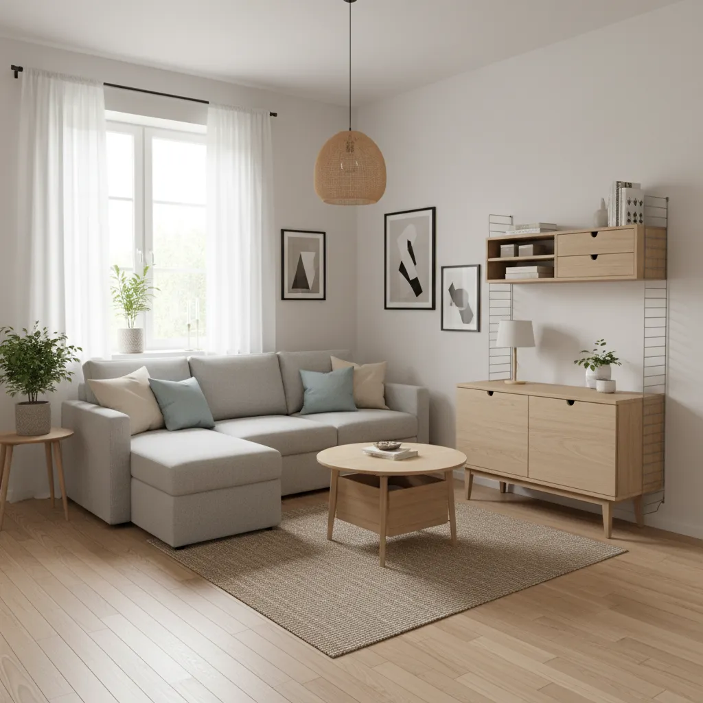 Small living room with grey sofa wooden coffee table cabinet wall shelves and ceiling light