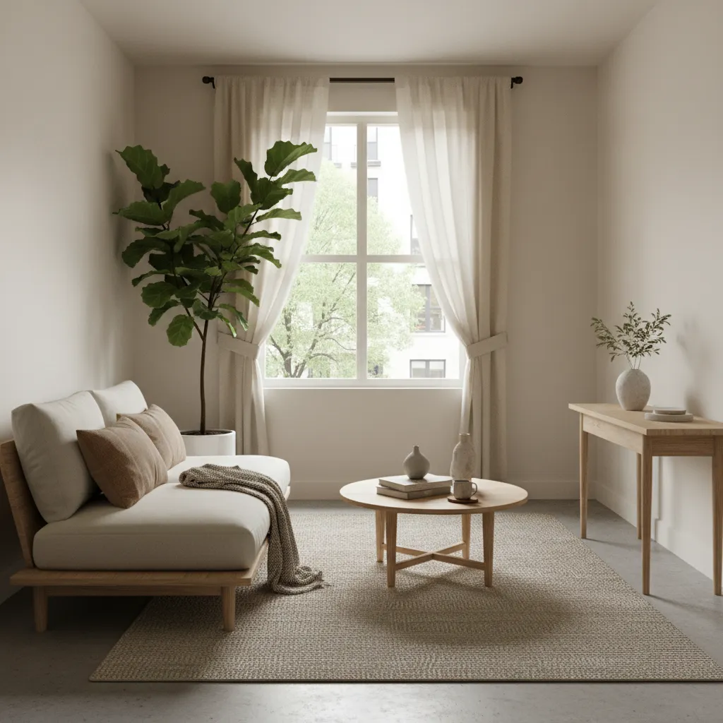 Apartamento pequeño decorado con estilo natural y muebles ligeros