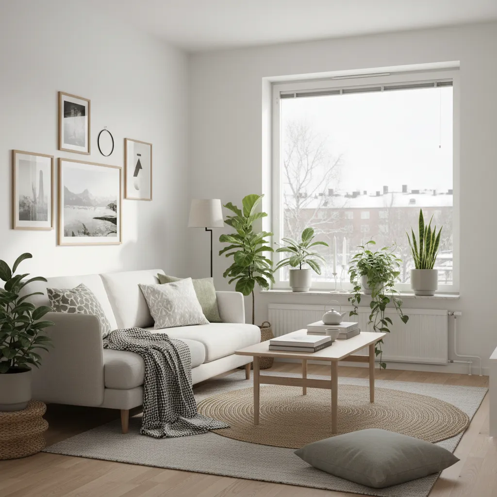 Scandinavian living room with a white sofa wooden coffee table green plants and large window