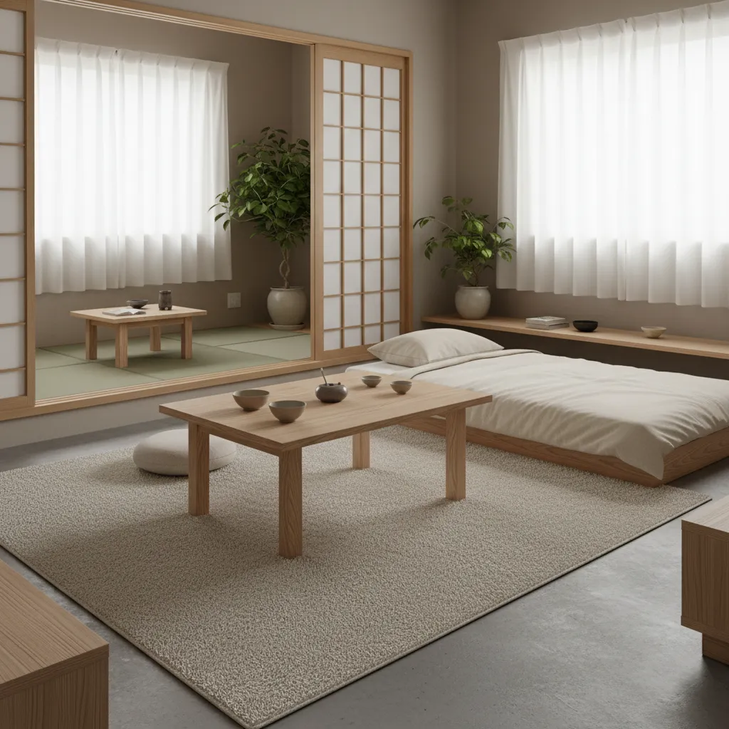 Apartamento pequeño decorado con estilo oriental minimalista