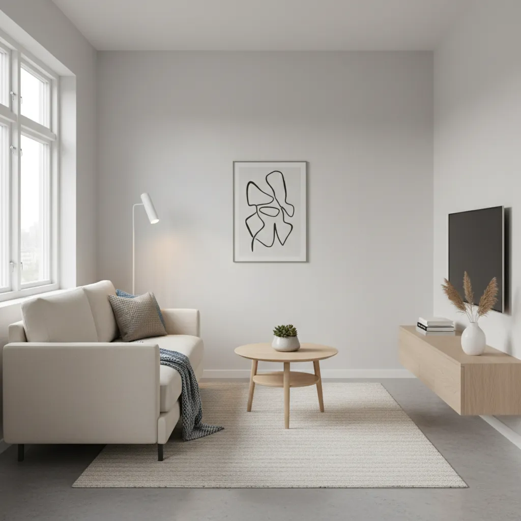 Small white living room with cream sofa wooden coffee table rug and wall mounted television