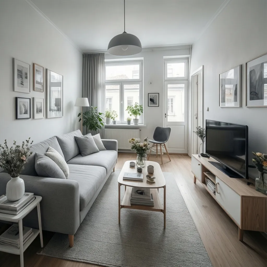 Small living room with grey sofa wooden coffee table tv stand plants and gallery wall