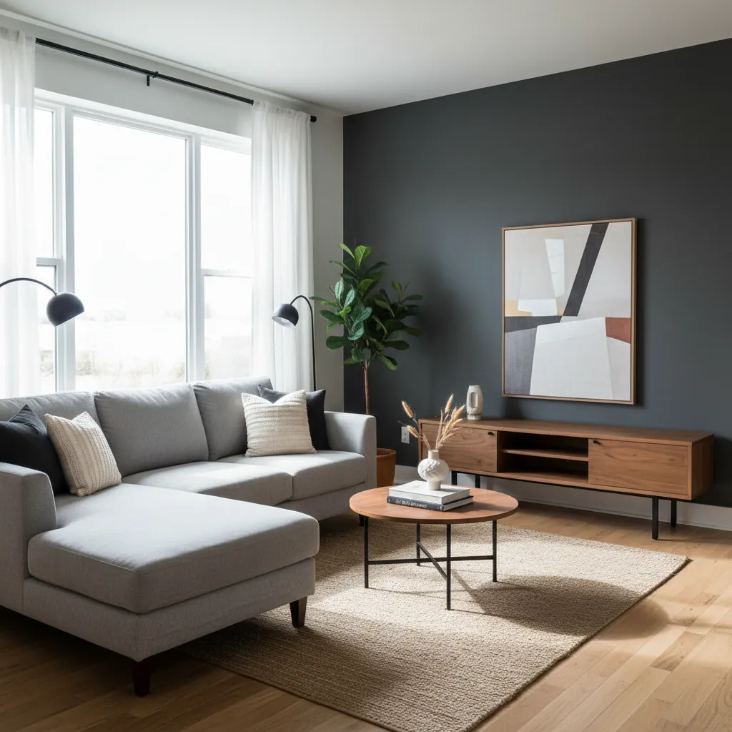 Apartamento pequeño con pared gris oscuro y acentos marrones