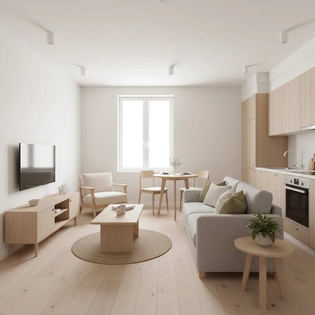 Minimalist open plan living room and kitchen with wood flooring, grey sofa, and small dining table