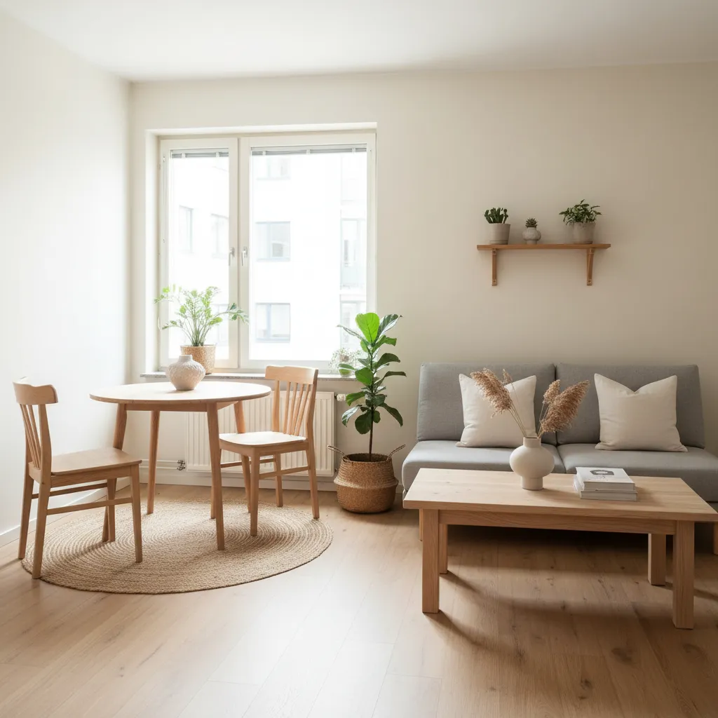 Pequeño apartamento con decoración natural y muebles claros