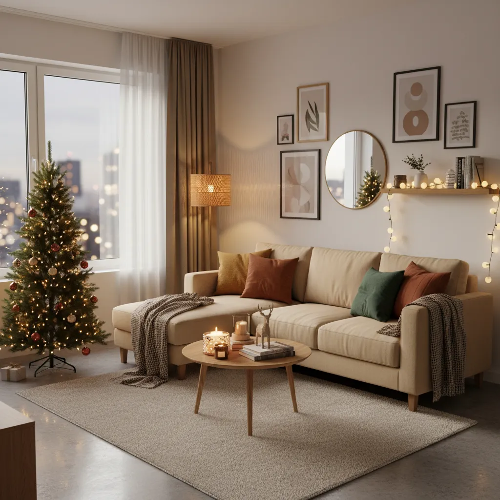 Apartamento pequeño decorado para Navidad con árbol compacto