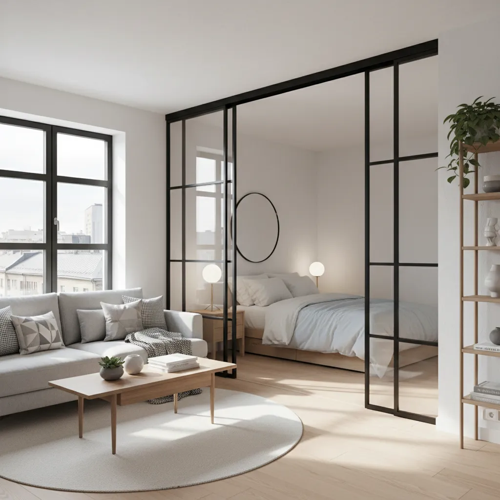 Apartamento pequeño con pared corrediza separando dormitorio y salón