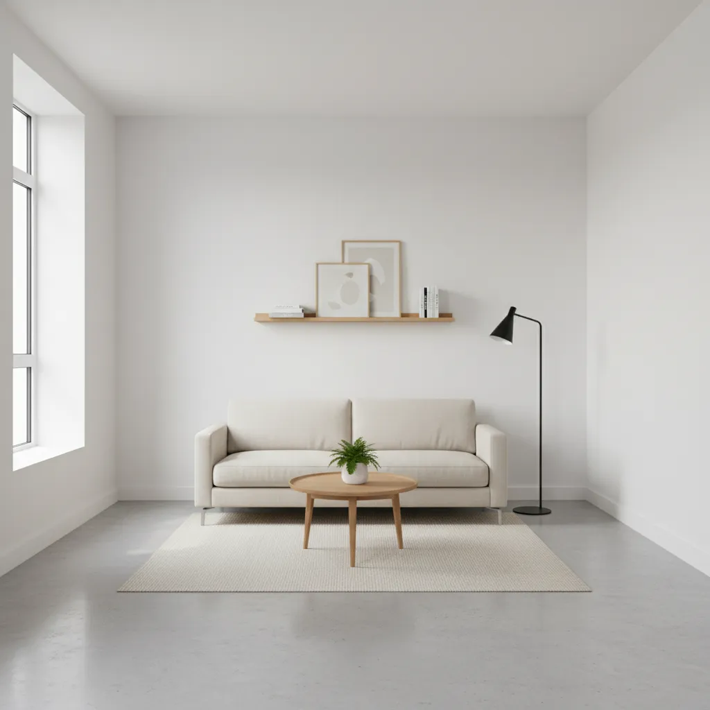 Apartamento pequeño con piso gris claro y decoración luminosa