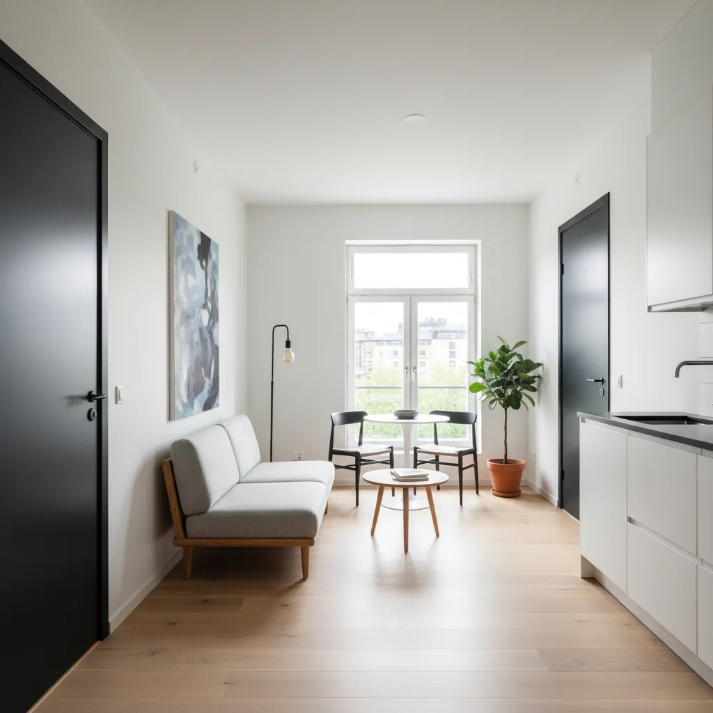 Apartamento pequeño luminoso con puertas negras