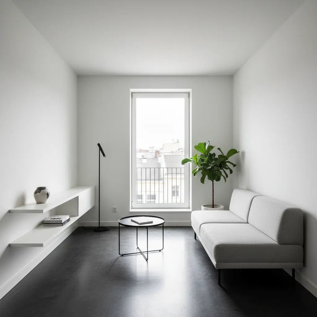 Apartamento pequeño con suelo oscuro y paredes blancas