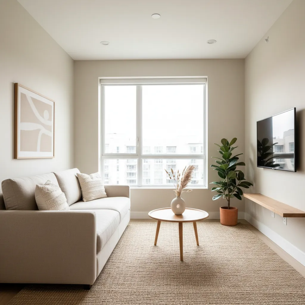 Apartamento pequeño decorado en tonos crema para ampliar visualmente el espacio