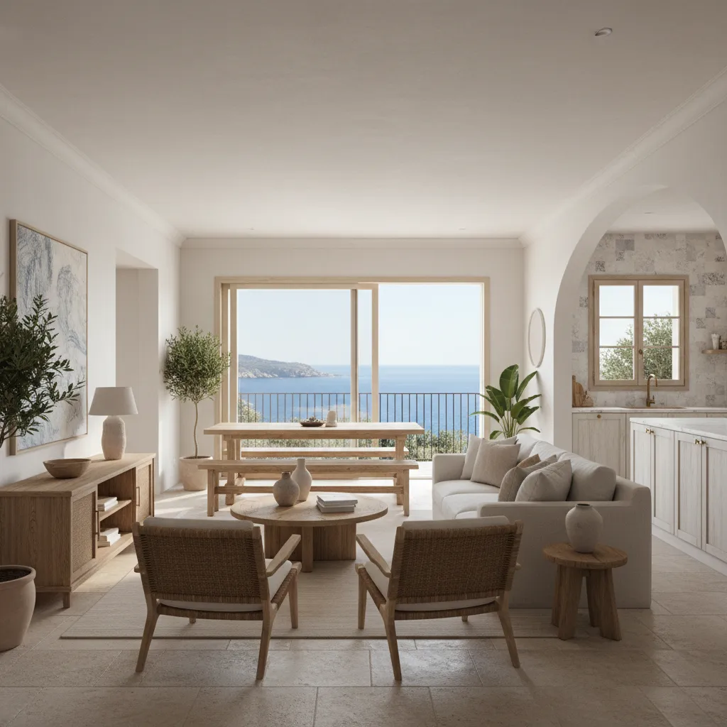 Salón de apartamento costero con distribución optimizada