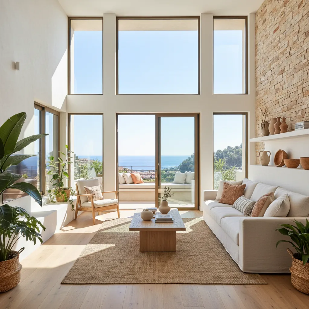 Bright living room with white sofa wooden floor large windows ocean view and stone wall
