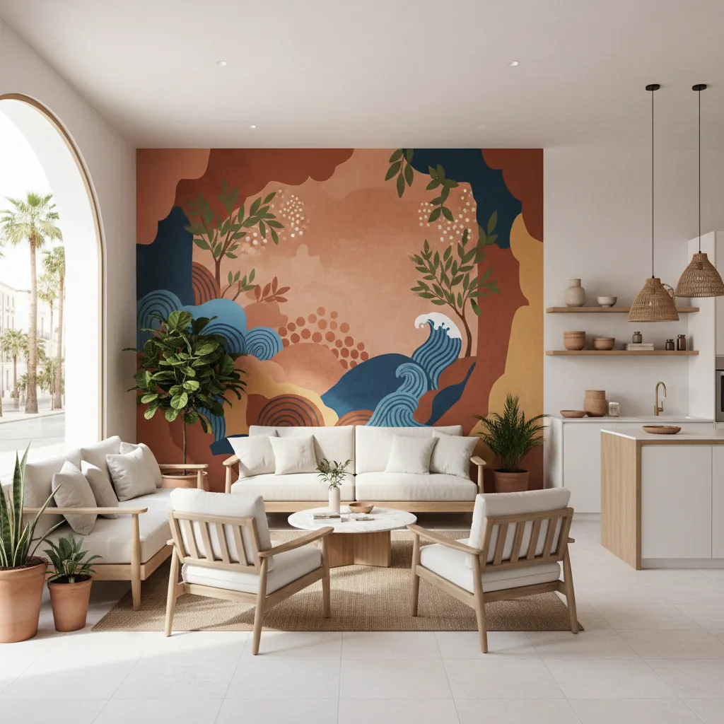 Apartamento turístico con mural gráfico y diseño interior moderno