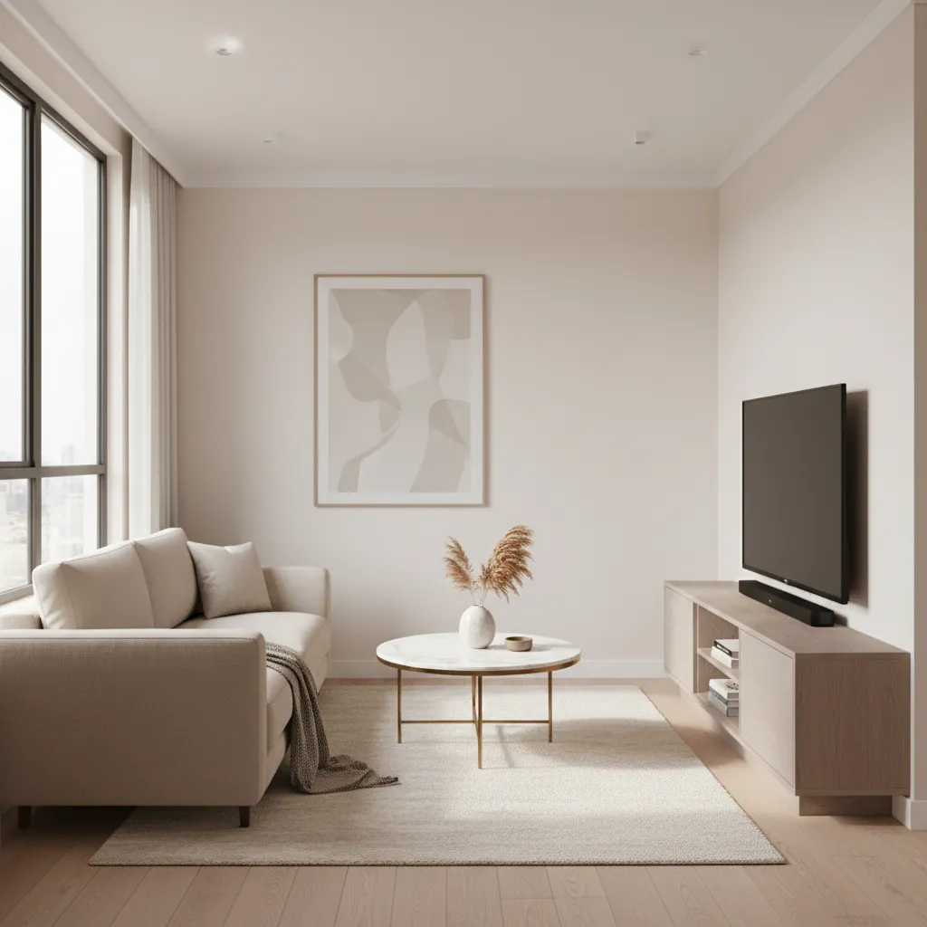 Apartment style 15 x 15 living room with compact sofa and coffee table