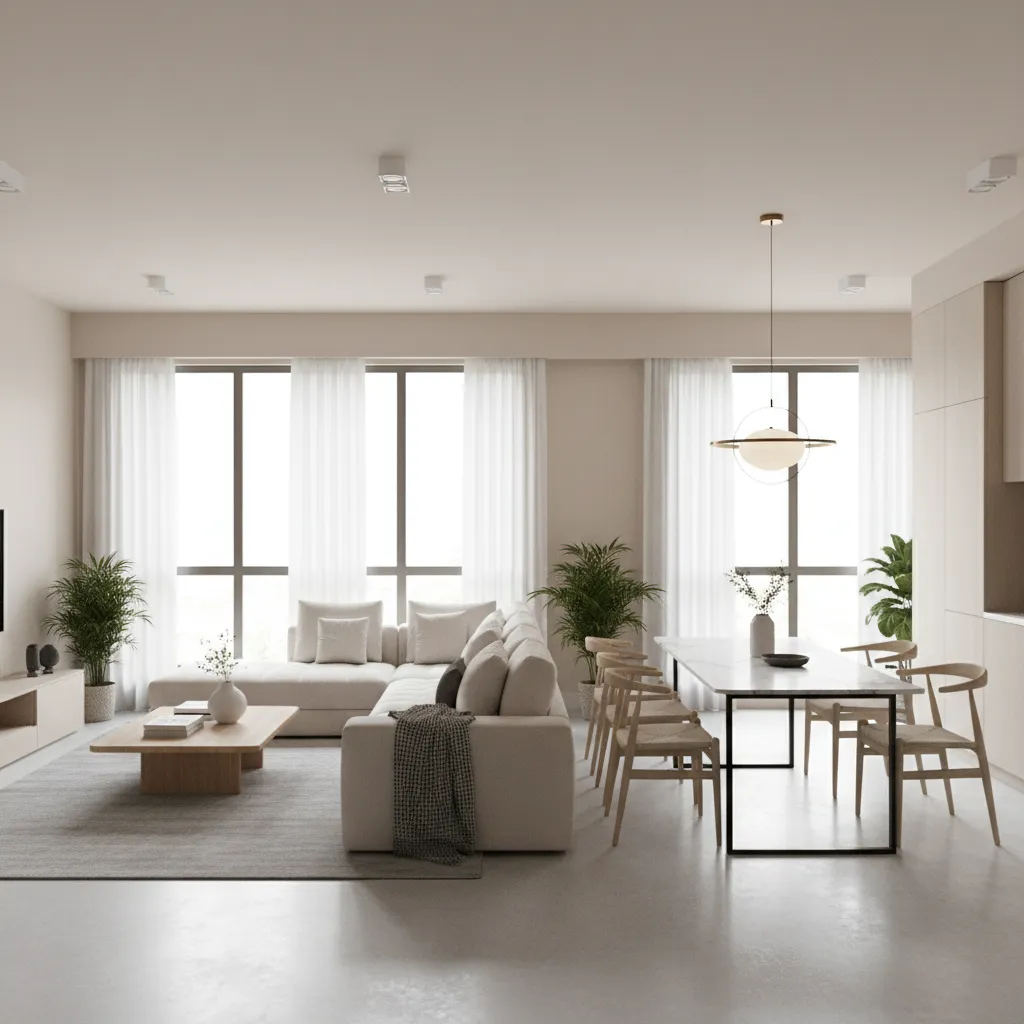 Open plan apartment showing sofa area near window and dining area behind in 22 x 13 layout