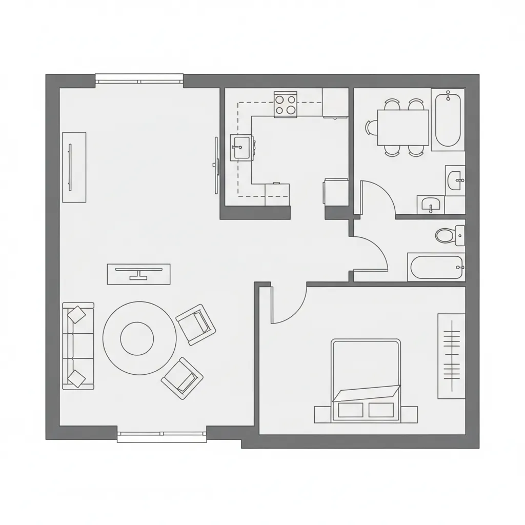 complete apartment 2D floor plan showing living kitchen bedroom layout