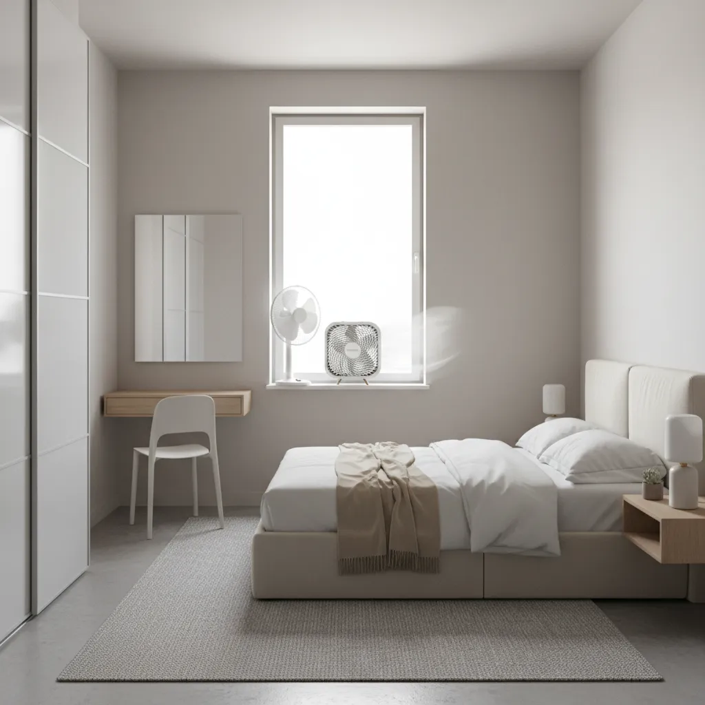 Small apartment room using fans to direct airflow toward window