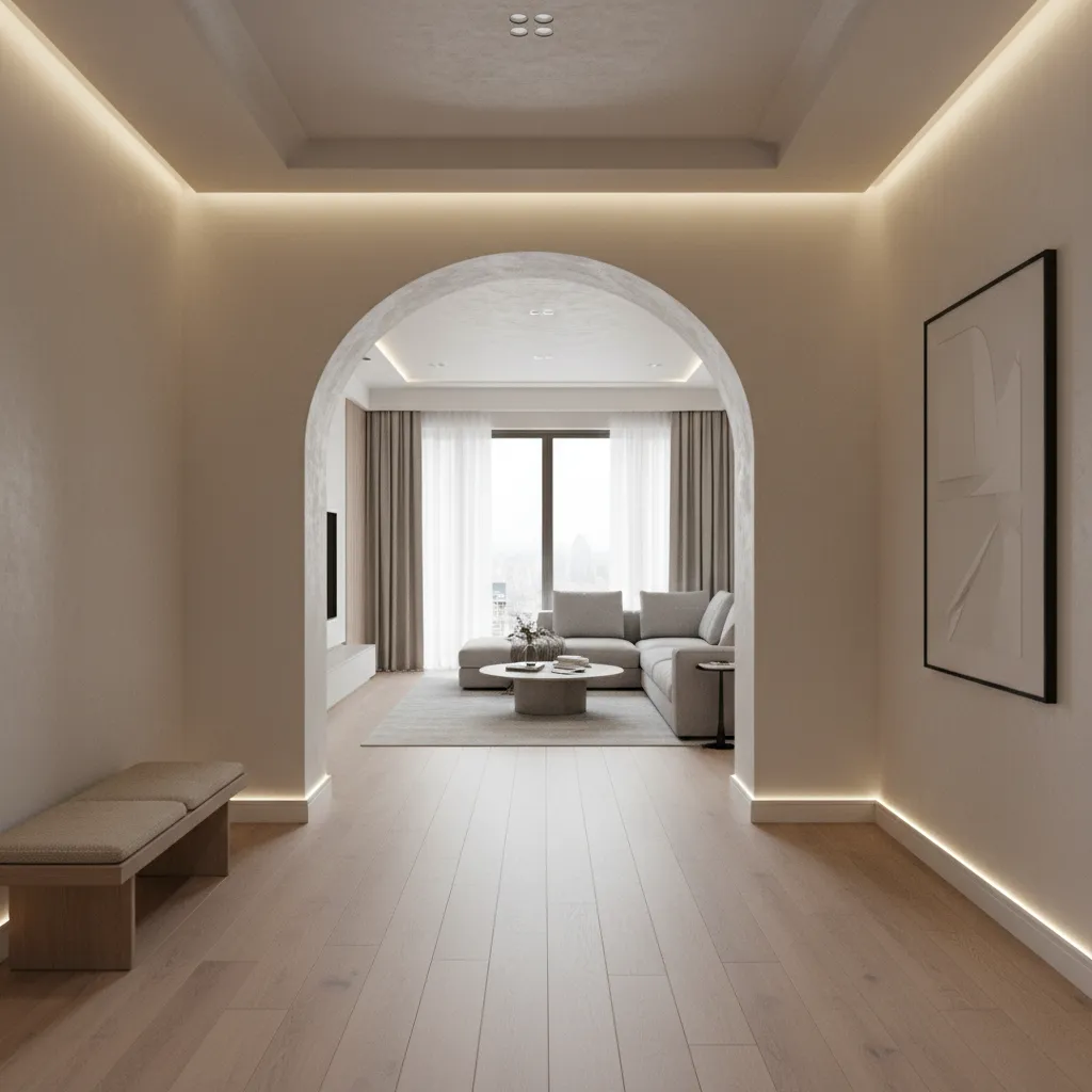 Modern apartment entry framed by asymmetrical plaster arch