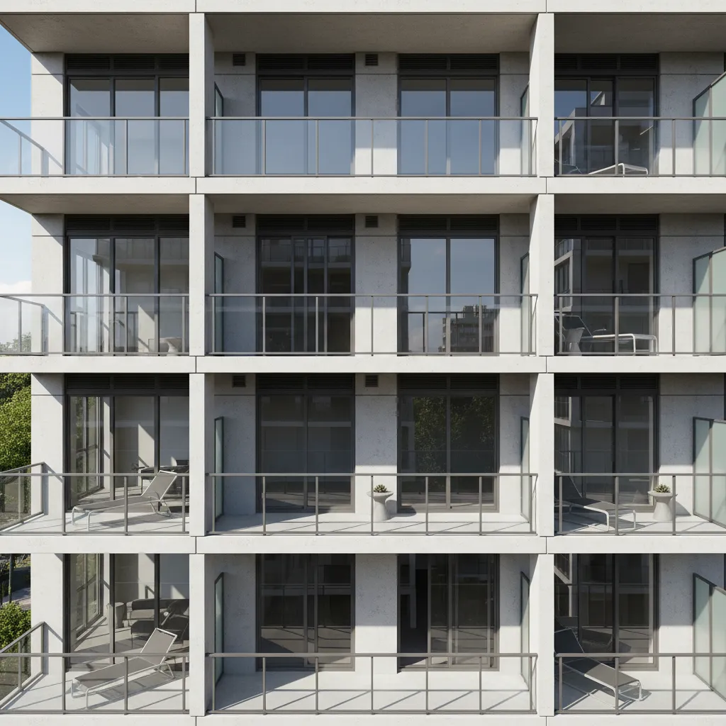 Clean modern apartment balconies with maintained concrete flooring