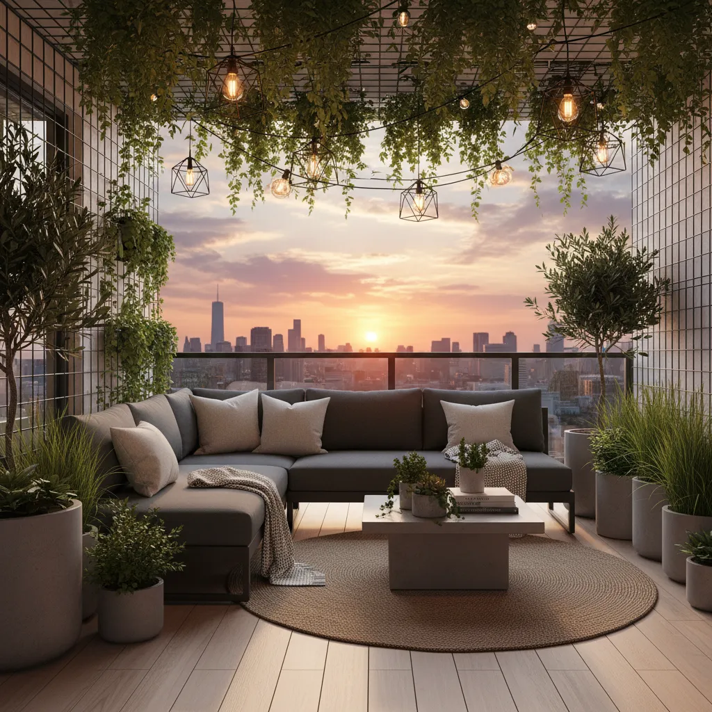 Stylish decorated apartment balcony with seating plants and lights