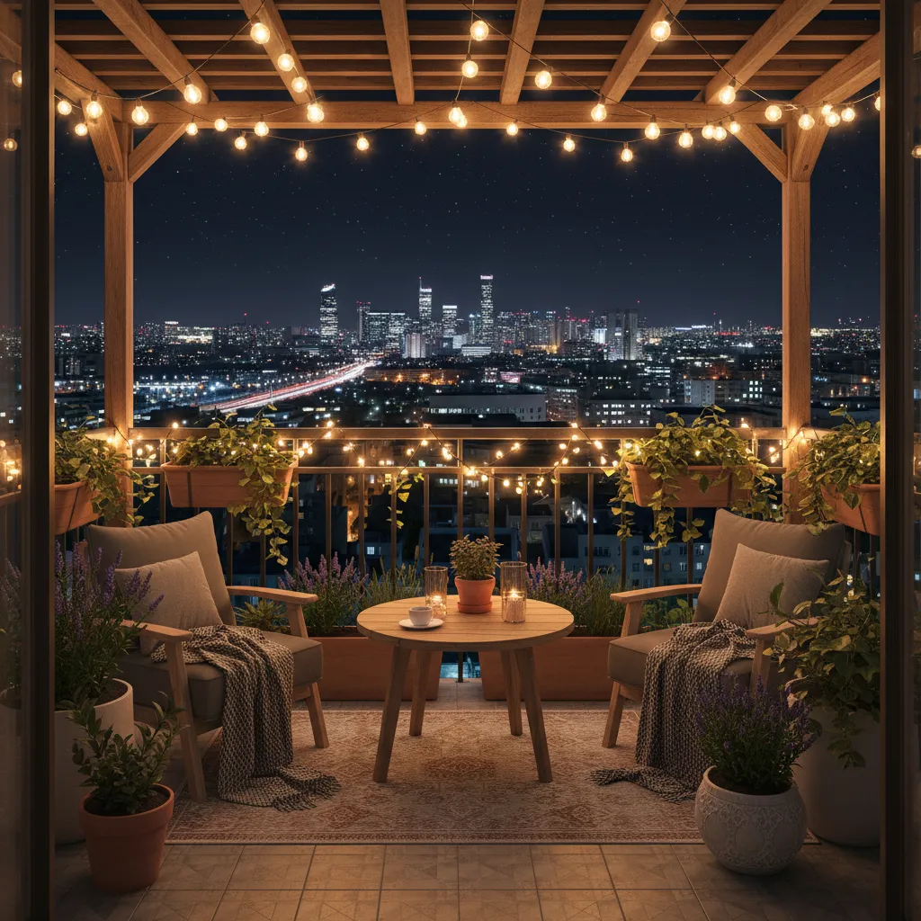 Apartment balcony with warm string lights at night